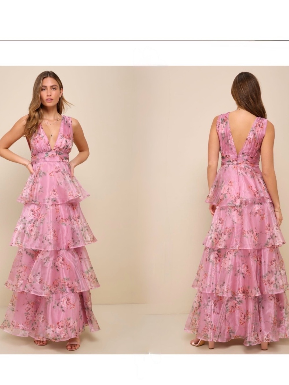 NWT Garden Radiance Pink Floral Print Organza Tiered Maxi Dress S